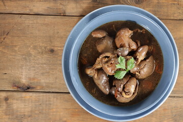Semur ati or hati ampela, is Indonesian traditional dish made from chicken liver , add soy sauce.