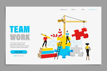 Naklejka premium Team building and working landing page jigsaw puzzle design. Business solutions concept, workflow and interaction with puzzle pieces.