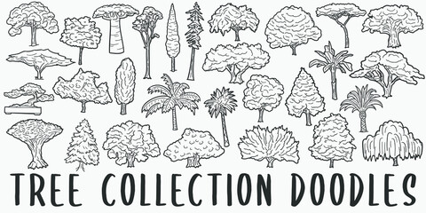 Tree, doodle icon set. Japanese Style Vector illustration collection. Nature Hand drawn Line art style.