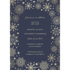 Invitation New Years Christmas Card blue and gold color. Snowflakes, stars, bright glare on the postcard.  Vector illustration. - 396764156