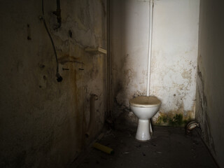 Detail from messy interior of abandoned building. Restroom with mold and moisture on a wall with a...