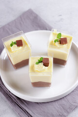 Tiramisu dan kopi mouse, Tiramisu and coffee mousse in glass, topping with chocolate, traditional Italian dessert made of mascarpone.