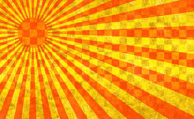 赤の放射線。金色の背景。太陽。古い紙の素材。
Red radiation. Golden background. Sun. Old paper material.