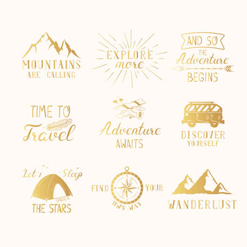 Set of hand drawn wanderlust golden icons and quotes with mountains, bus, airplane compass, feather, tent. Vector isolated travel, adventure, explore gold typography.
