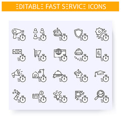 Fast service line icons set. Quick client service, support, production and maintenance. Express solutions, short term, time management concept. Isolated vector illustrations. Editable stroke