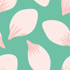 Single falling petals seamless vector pattern background. Painterly pink delicate floating petals on light teal green backdrop. Floral botanical illustration. Decorative spring all over print.