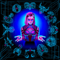 Zodiac circle of the girl of the future. Zodiac sign - Libra. Neon illustrations on a black background.