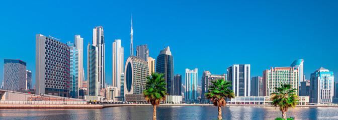
Dubai city - amazing city center skyline and famous Jumeirah beach at sunset, United Arab Emirates