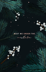 Christmas tree with misletoe white berries festive holidays background. Winter party invitation, banner, advertising, sale poster, greeting card, chic boho event poster