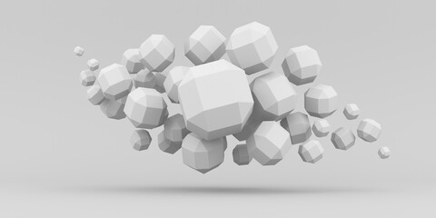 Abstraction background. 3d render illustration for advertising. Many polygonal spheres fly on a white background.