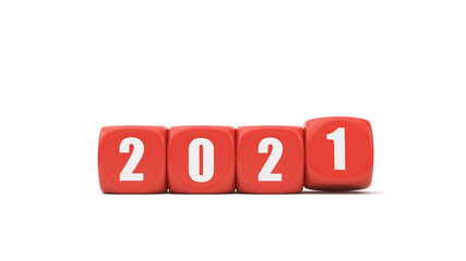  Holiday illustration red cubes with white numbers 2021 on white background. 3D rendering. Happy New Year 2021.