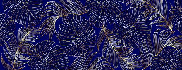 Luxury gold and nature blue background vector. Floral pattern, Golden split-leaf Philodendron plant with monstera plant line arts, Vector illustration. © andrei