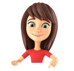 Cartoon character girl in summer clothes points her finger at an empty board on a white background. 3d render illustration.