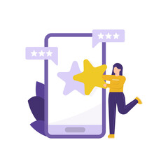 rating concept, feedback, and review. illustration of a woman wanting to give a star to a smartphone. message symbols and metaphors provide judgment. holding a star. flat style. design elements