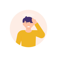 illustration of a man holding his head due to pain, migraine, dizziness and nausea. sick or stressed person. a child grimacing in pain. problems and illnesses. flat style. design elements.