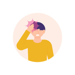 illustration of a man holding his head due to pain, migraine, dizziness and nausea. sick or stressed person. a child grimacing in pain. problems and illnesses. flat style. design elements.