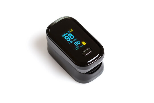 Pulse oximeter on white background with data of blood oxygen saturation and pulse.