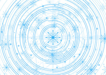Blue winter Christmas tech abstract background with circular lines and snowflakes. Vector concept greeting card illustration