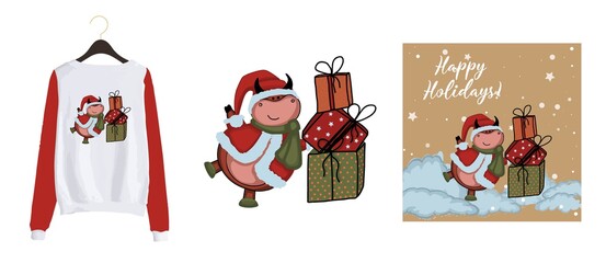 Fototapeta premium cute bull on the background. New year card 2021. December, happy party. Christmas background. Merry Christmas greeting cards collection. Vector flat design greeting card