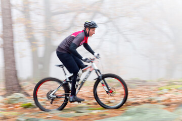 Naklejka na ściany i meble Man cycling with mountain bike in a forest with fog in the background