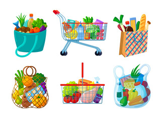 Natural grocery food basket. Trolley, basket, craft package, paper bag with grocery food milk, meat, bread, fruits and vegetables. Fresh goods from the supermarket, online shopping