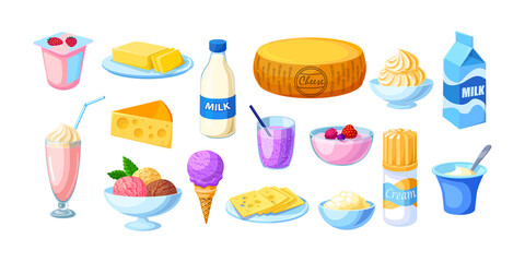 Dairy natural nutrition milk products set. Оrganic farm product for market and homemade food cottage cheese, milk, butter, cheese, sour cream, yogurt, ice cream, milk shake, smoothies vector