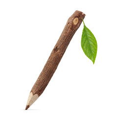 Natural wooden pencil with green leaf isolated