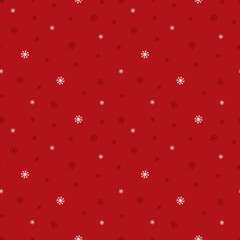 It is the plain winter seamless pattern with tiny dark-red and white snowflakes which are falling along the red background. Simple flat wallpaper for Merry Christmas.