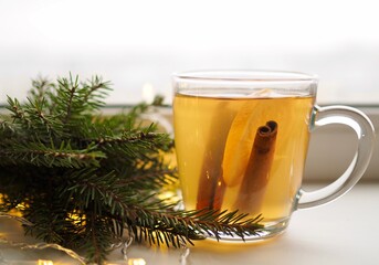 Hot winter flavored drink. Glass mug with tea, orange and cinnamon on the window. Green branches of the Christmas tree