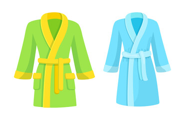Green and blue bathrobe mockup. Soft comfortable cotton bathrobe for spa and bathroom. Personal hygiene items cartoon vector - obrazy, fototapety, plakaty