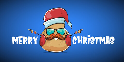 vector rock star santa potato funny cartoon cute character with with red santa hat and calligraphic merry christmas text isolated on blue horizontal background. rock n roll christmas party banner