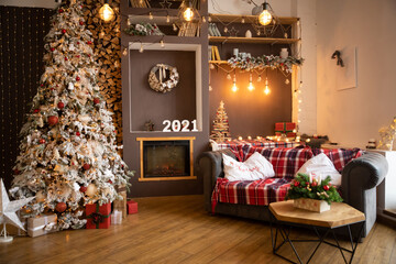 A beautiful living room decorated for Christmas, Happy New Year 2021