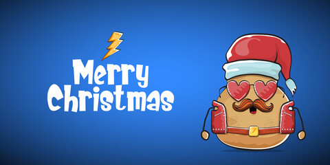 vector rock star santa potato funny cartoon cute character with with red santa hat and calligraphic merry christmas text isolated on blue horizontal background. rock n roll christmas party banner