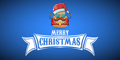 vector rock star santa potato funny cartoon cute character with with red santa hat and calligraphic merry christmas text isolated on blue horizontal background. rock n roll christmas party banner