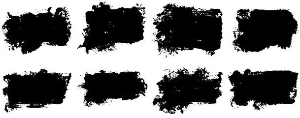 Black paint brush strokes, dirty inked grunge art brushes. Dirty ink texture splatters. Grunge rectangle text boxes	