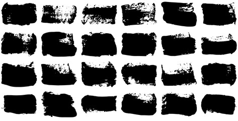 Black paint brush strokes, dirty inked grunge art brushes. Dirty ink texture splatters. Grunge rectangle text boxes	 - obrazy, fototapety, plakaty