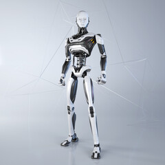 Robot android posing on a light gray background.