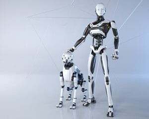 Robot and his dog posing on a light gray background