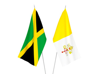 National fabric flags of Vatican and Jamaica isolated on white background. 3d rendering illustration.