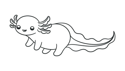 Naklejka na ściany i meble Happy axolotl side view outline line art cartoon vector illustration. Cute underwater aquatic animal design. Easy simple coloring book page activity for kids.