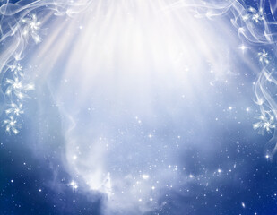 abstract angelic mystic mystical magic magical religious spiritual blue background with divine rays of Light and universe