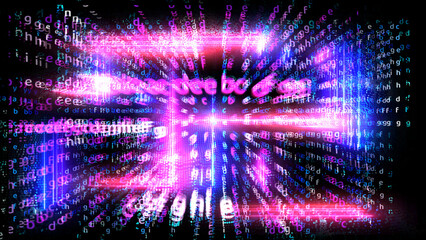 Matrix alphabet dimension vertical and horizental with magenta blue and purple laser abstract light effect falling