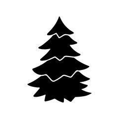 Hand drawn silhouette doodle Christmas Tree isolated on white background. Vector outline illustration. Design for holiday cards, backgrounds, ornaments, decoration, banner, flyer