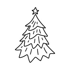 Hand drawn doodle Christmas Tree isolated on white background. Vector outline illustration. Design for holiday cards, backgrounds, ornaments, decoration, banner, flyer