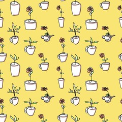 Seamless background of various flower pots drawn with a single line. Flowers and herbs in pots. White fill, black outline and small color accents on the leaves and buds. Yellow background