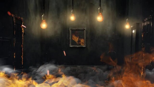 Animation of a dark old vintage room. Swinging incandescent light bulb, vintage dark interior, peeling wallpaper. The scary room is on fire. Fire burns in the room, all furniture is on fire.