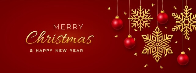 Fototapeta na wymiar Christmas red background with hanging shining golden snowflakes and balls. Merry christmas greeting card. Holiday Xmas and New Year poster, web banner, header website. Vector Illustration.