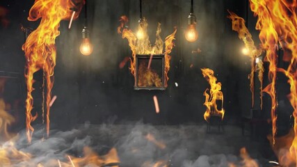Animation of a dark old vintage room. Swinging incandescent light bulb, vintage dark interior, peeling wallpaper. The scary room is on fire. Fire burns in the room, all furniture is on fire.