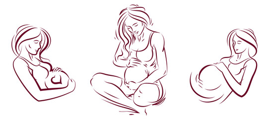 Pregnant woman vector hand drawn illustrations set isolated on white background, prenatal pregnancy baby shower theme, beautiful female motherhood new life.