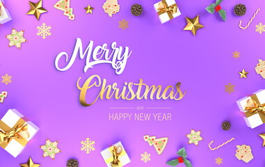 Merry Christmas purple banner.  Frame decorative banner with presents, stars and golden ribbons. Holiday festive copy space. 3d rendering.
